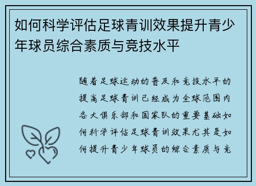 如何科学评估足球青训效果提升青少年球员综合素质与竞技水平